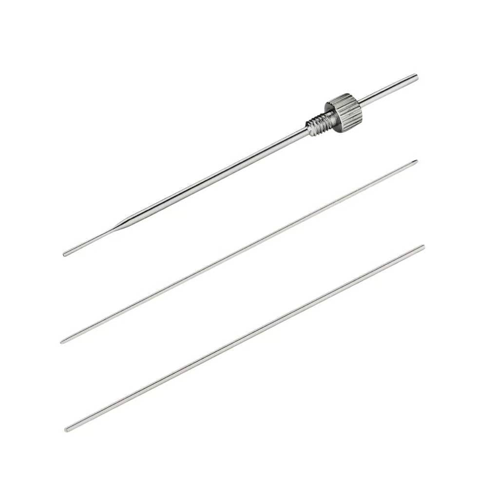 Comparison of stainless steel and titanium sampling needles for hematology analyzers – showing material options, surface finish (Ra ≤ 0.1 μm), and straightness tolerance (≤ 0.05 mm) for precision fluid handling. For research use only.