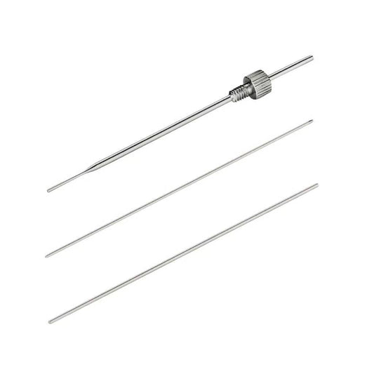 Comparison of stainless steel and titanium sampling needles for hematology analyzers – showing material options, surface finish (Ra ≤ 0.1 μm), and straightness tolerance (≤ 0.05 mm) for precision fluid handling. For research use only.