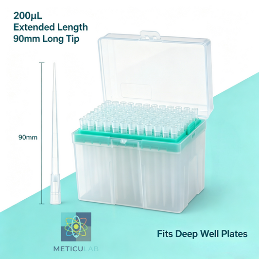 METICULAB™ 200μL Extra-Long Filter Pipette Tips | 90mm Design for Deep-Well Plates - Sterile, Low Retention