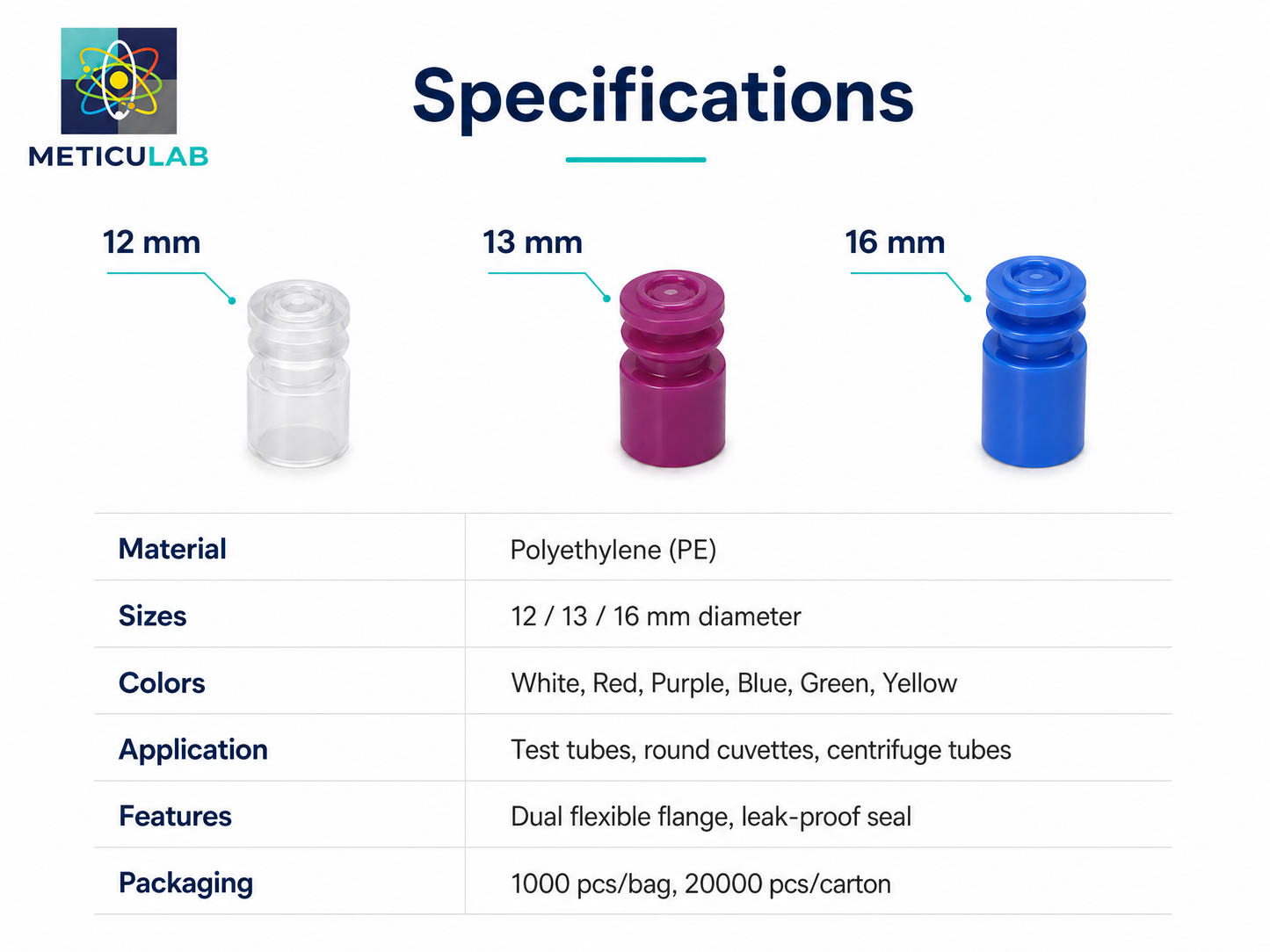 METICULAB Flange Plug Cap, PE, 12mm & 13mm, Leak-Proof Test Tube Closures, 1000pcs/Bag