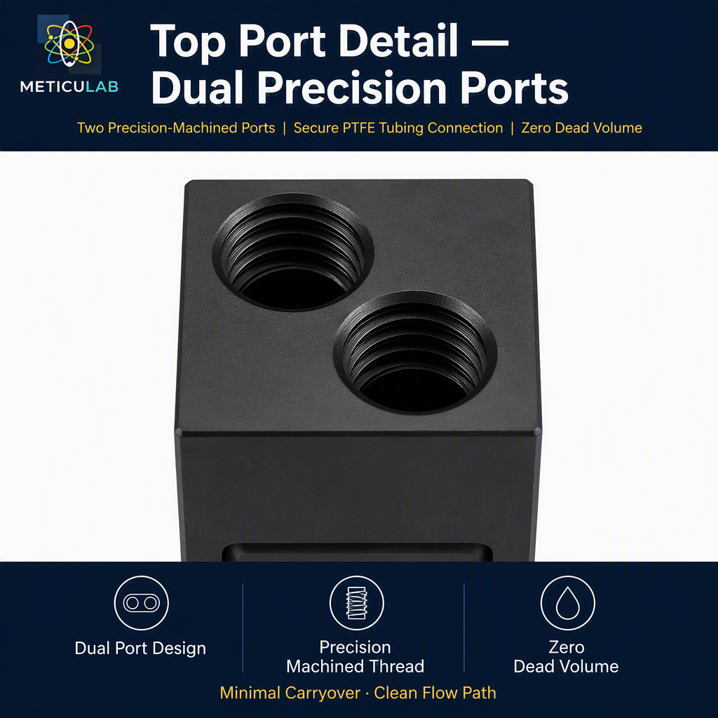 METICULAB™ 32μL Glass Flow Cell Cuvette | 35x12.4x12.4mm | 2mm Aperture | Aluminum Housing