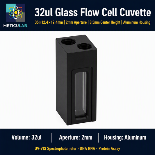METICULAB™ 32μL Glass Flow Cell Cuvette | 35x12.4x12.4mm | 2mm Aperture | Aluminum Housing