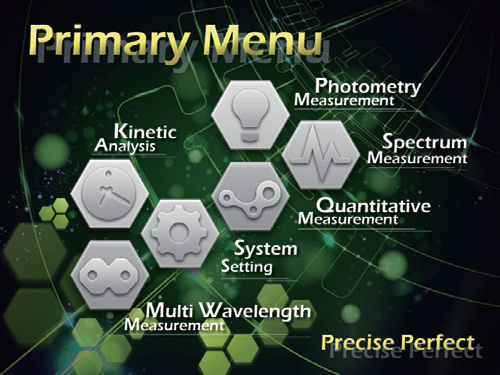 8-inch color touchscreen interface of the L7 UV-VIS spectrophotometer showing intuitive menu layout for laboratory analysis.