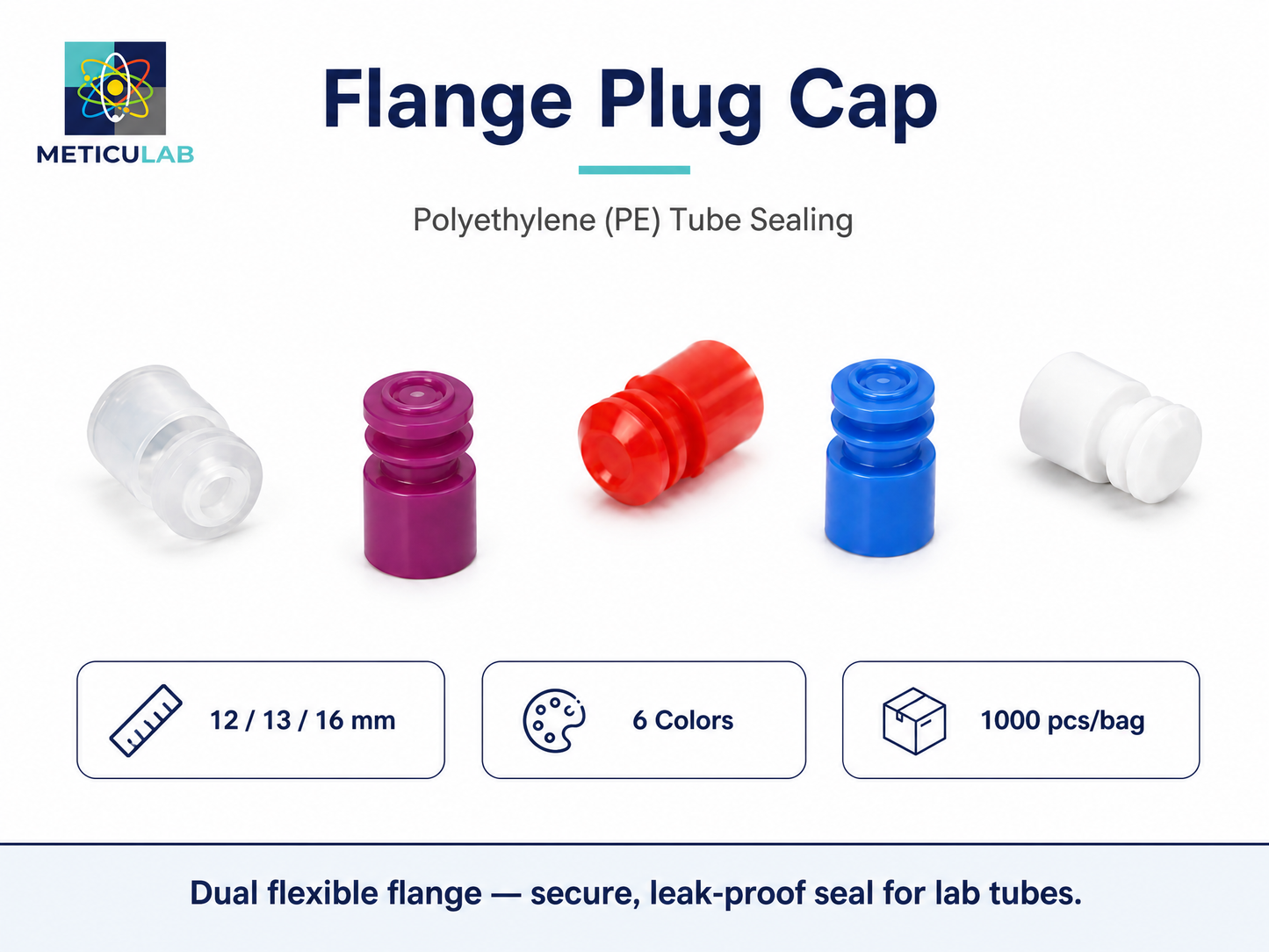 METICULAB Flange Plug Cap, PE, 12mm & 13mm, Leak-Proof Test Tube Closures, 1000pcs/Bag