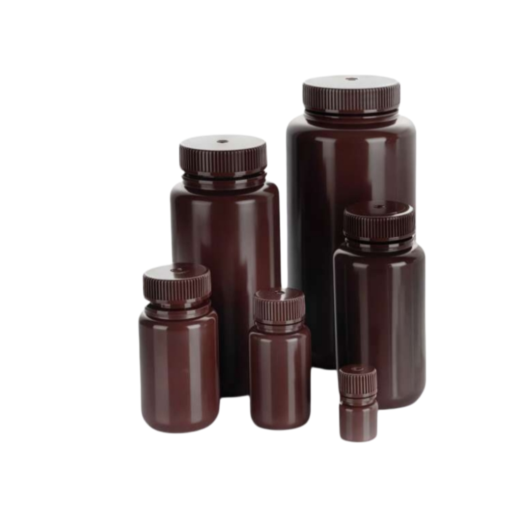 Amber HDPE reagent bottles for light-sensitive chemical storage in laboratories