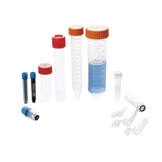 Centrifuge tubes and cryogenic vials in various sizes with red, blue, and clear caps for sample processing