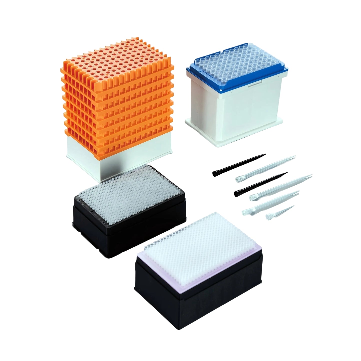 Filtered pipette tips available in bulk and racked options for contamination control, replacement for original lab consumables