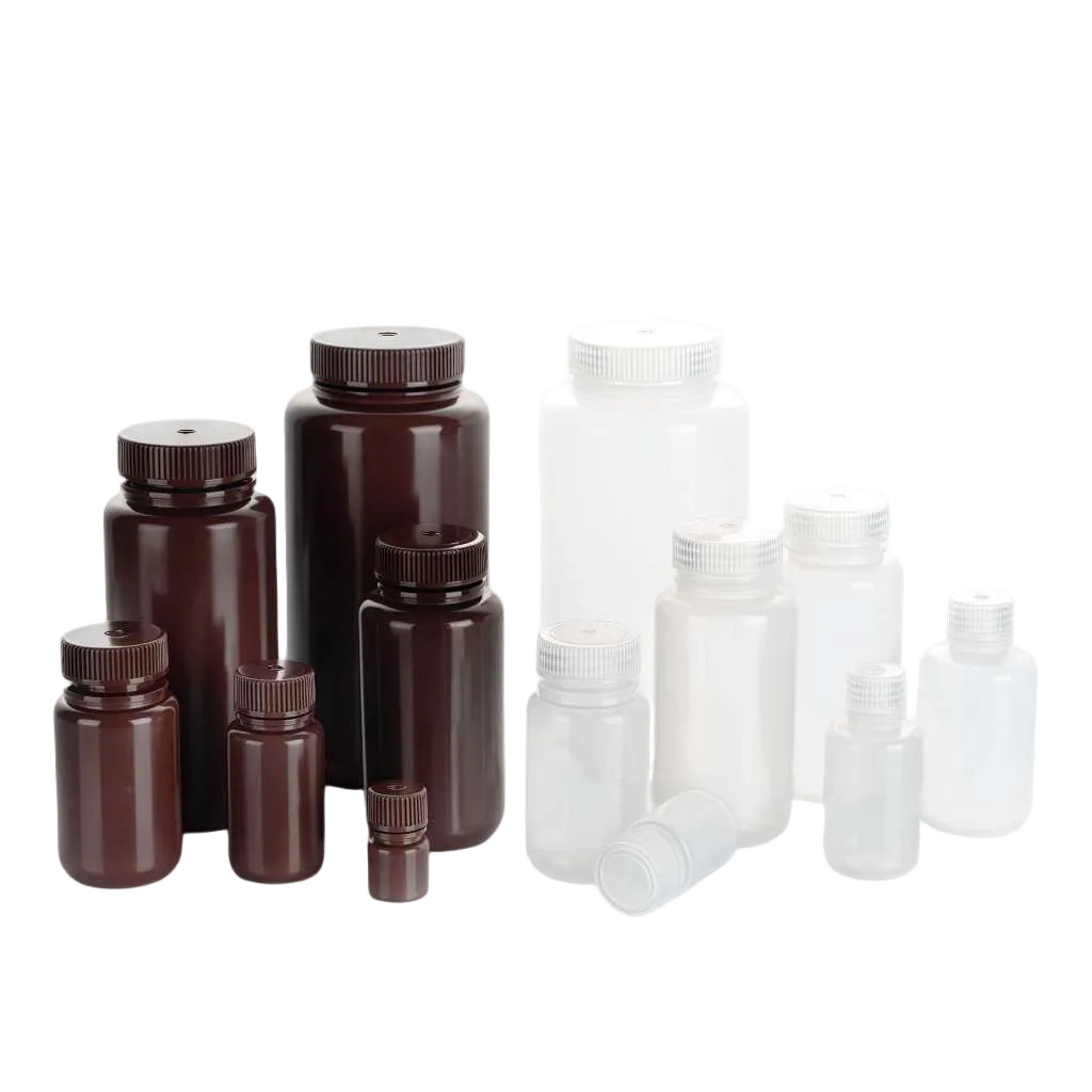 HDPE and PP reagent bottles with screw caps, chemical-resistant and autoclavable for laboratory use