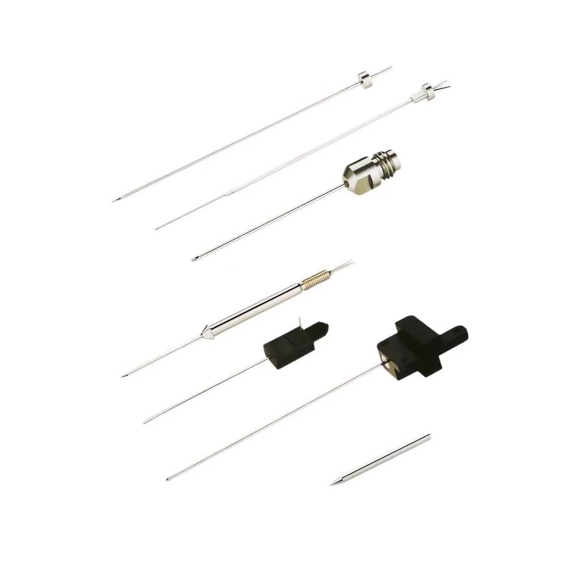 Stainless steel sampling needle for hematology analyzers, white background, laboratory instrument component