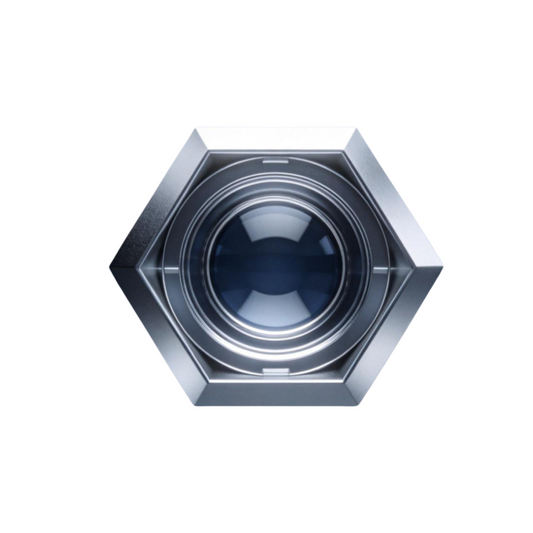 Hexagonal precision optical window component with metal housing for laboratory and analytical instruments.