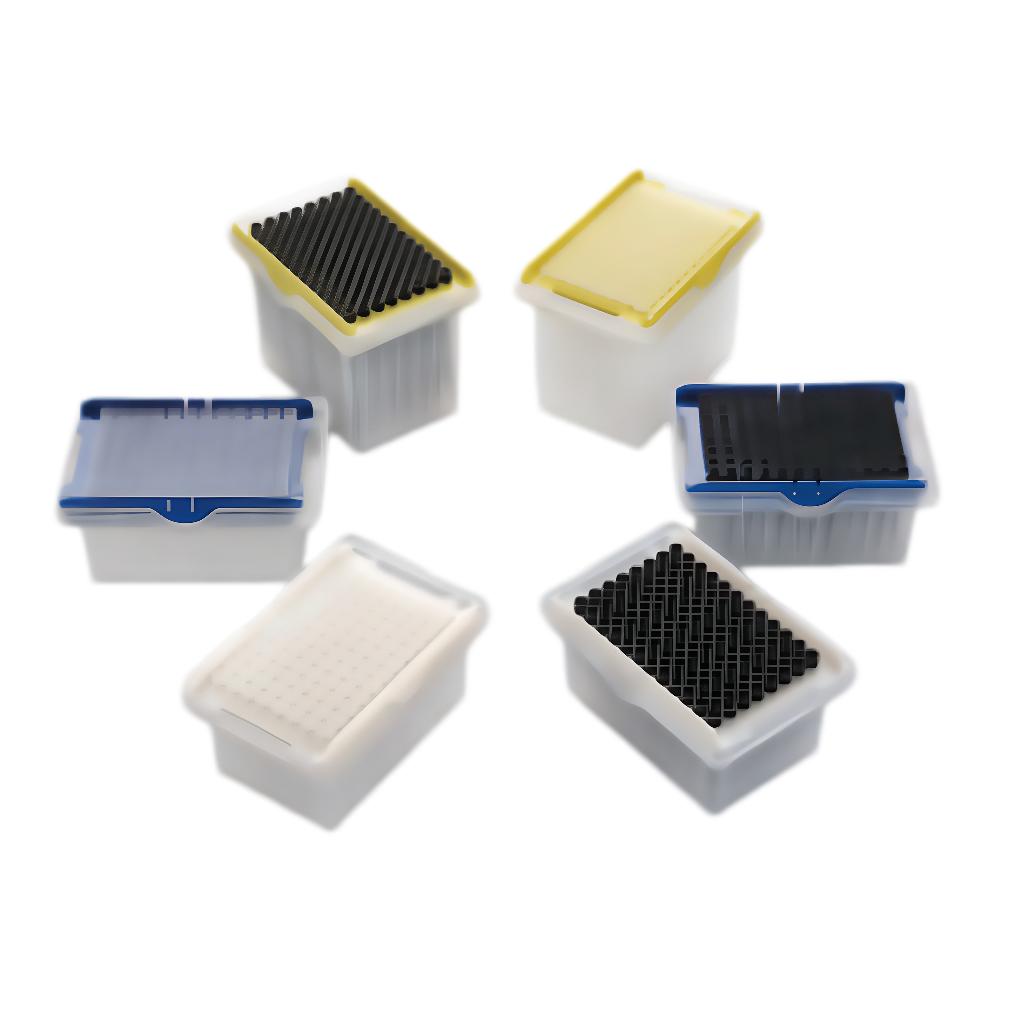 Meticulab racked robotic pipette tips compatible with Tecan, stacked lab consumables for high-throughput screening (HTS)