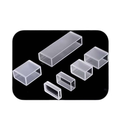 Standard optical cuvettes for spectrophotometers, available in quartz, glass, and optical plastics