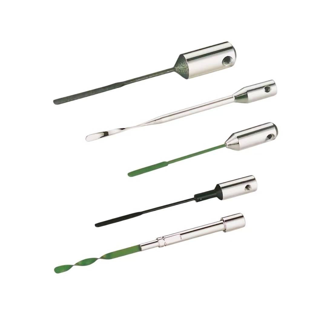 Stainless steel stirring needle for automated laboratory reaction system, white background, precision lab component